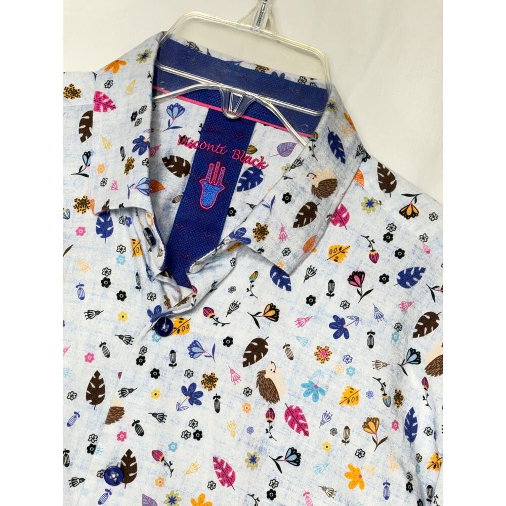 Visconti Black Mens Shirt Med‎ White and Blue Long Sleeve Button Up Leaf Print